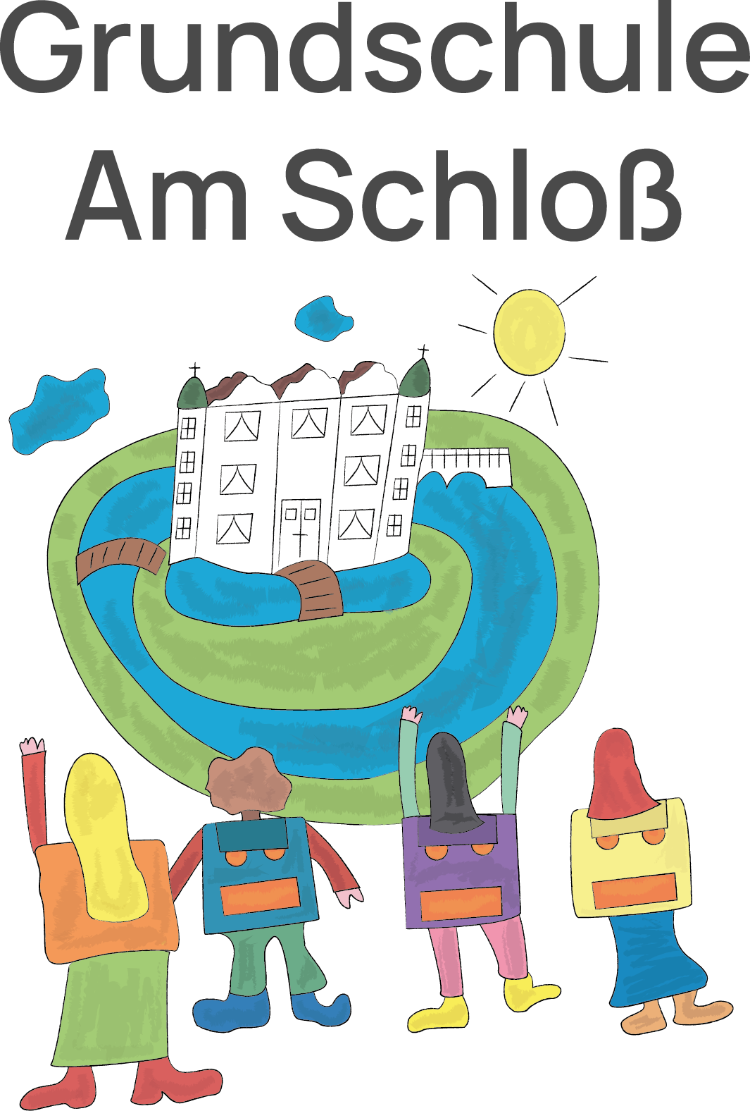 Titel: Grundschule Am Schloss, darunter eine Zeichnung vom Schloss mit vier Schuldkindern davor